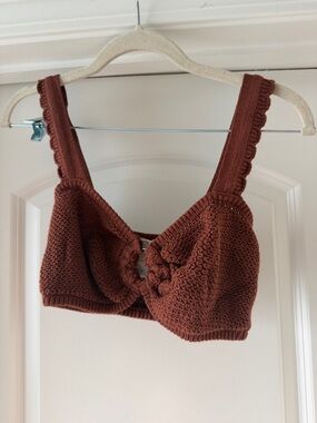 Tularosa Crochet Knit Bralette Top in Rust Brown
